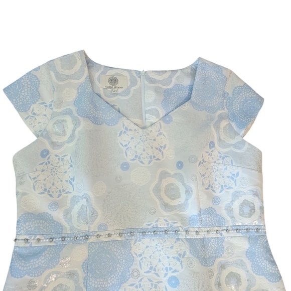 Nassini Milano Cap Sleeve V Neck Elegant Blue/ White/Silver Floral Sheath Dress - Picture 6 of 10